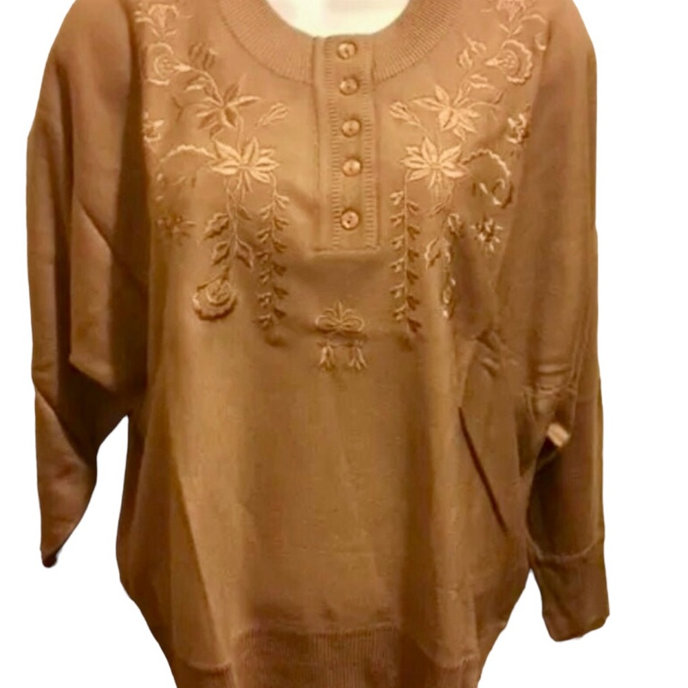 Vintage & New DAE WOO Light Brown Pretty Embroidered Sweater Sz M-L